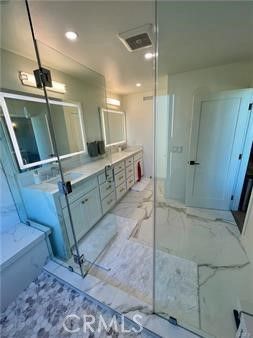 Bathroom, Dual Sink Vanities, Interior, Marble, Recessed Lighting