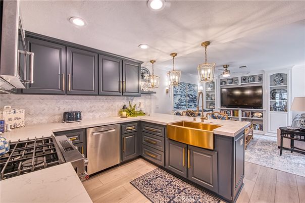 Interior, Kitchen, Pendant Lights, Recessed Lighting, Stainless Steel Appliances, Wood Texture Flooring
