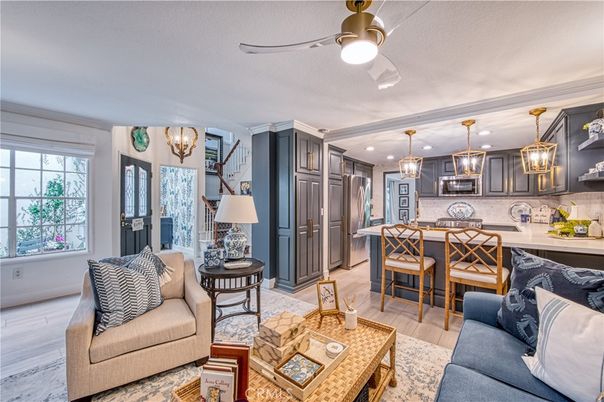 Dining room, Interior, Kitchen, Living room, Pendant Lights, Recessed Lighting, Stainless Steel Appliances, Wood Texture Flooring