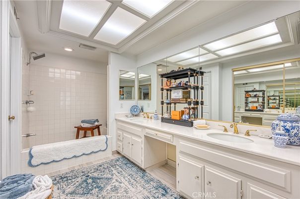 Bathroom, Dual Sink Vanities, Interior, Recessed Lighting, Wood Texture Flooring