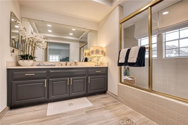 Bathroom, Glass Shower, Interior, Recessed Lighting, Wood Texture Flooring