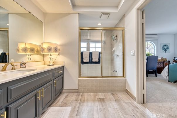 Bathroom, Glass Shower, Interior, Recessed Lighting, Wood Texture Flooring
