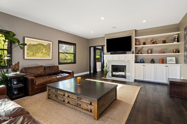 Fireplace, Interior, Living room, Recessed Lighting, Wood Texture Flooring
