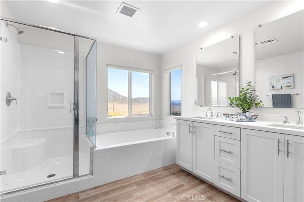 Bathroom, Dual Sink Vanities, Glass Shower, Interior, Recessed Lighting, Wood Texture Flooring