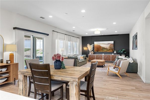 Dining room, Interior, Living room, Recessed Lighting, Wood Texture Flooring
