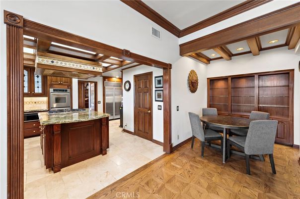 Dining room, Interior, Kitchen, Recessed Lighting, Stainless Steel Appliances, Wooden Beams, Wood Texture Flooring