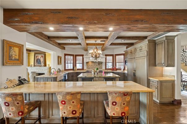 Chandelier, Fireplace, Interior, Kitchen, Recessed Lighting, Wooden Beams, Wood Texture Flooring