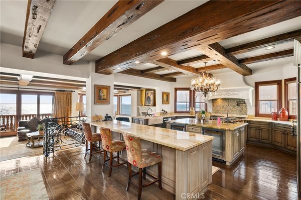 Chandelier, Interior, Kitchen, Living room, Recessed Lighting, Water, Wooden Beams, Wood Texture Flooring
