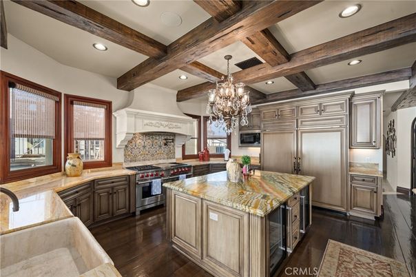 Chandelier, Interior, Kitchen, Recessed Lighting, Stainless Steel Appliances, Wooden Beams, Wood Texture Flooring