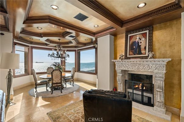 Chandelier, Dining room, Fireplace, Interior, Recessed Lighting, Water, Wooden Beams