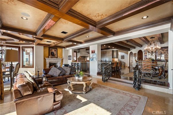 Chandelier, Dining room, Fireplace, Interior, Living room, Recessed Lighting, Wooden Beams