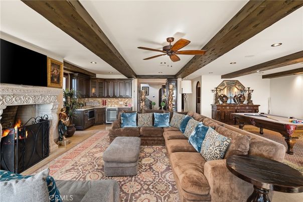 Billiard Table, Fireplace, Game Room, Interior, Living room, Recessed Lighting, Wooden Beams