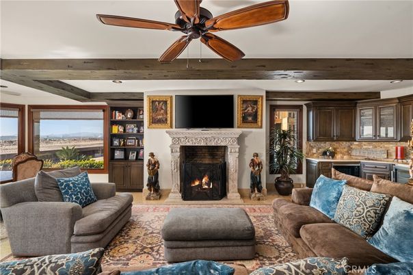 Fireplace, Interior, Living room, Recessed Lighting, Wooden Beams