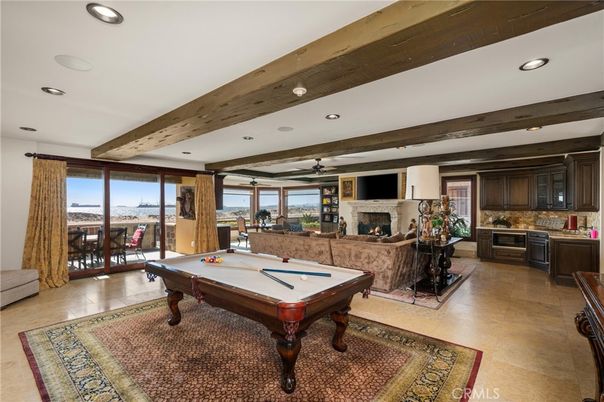 Billiard Table, Fireplace, Game Room, Interior, Living room, Recessed Lighting, Wooden Beams