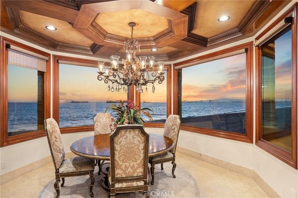 Chandelier, Dining room, Interior, Recessed Lighting, Water, Wooden Beams