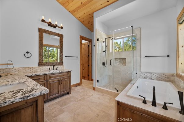 Bathroom, Dual Sink Vanities, Glass Shower, Interior, Wooden Ceilings