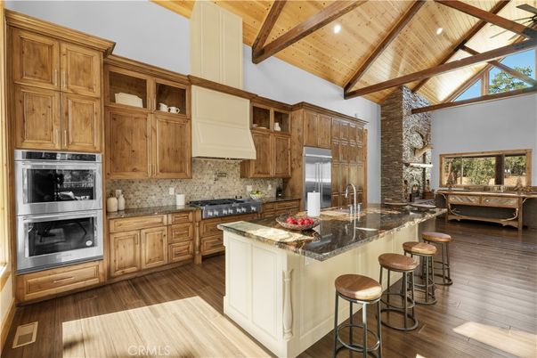Interior, Kitchen, Recessed Lighting, Stainless Steel Appliances, Stone Walls, Wooden Beams, Wooden Ceilings, Wood Texture Flooring