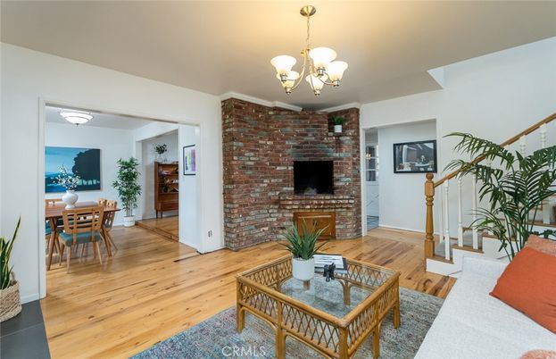 Chandelier, Dining room, Interior, Living room, Stone Walls, Wood Texture Flooring