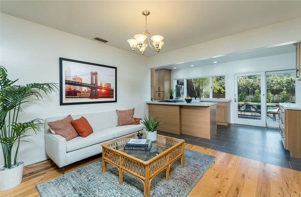 Chandelier, Interior, Kitchen, Living room, Recessed Lighting, Wood Texture Flooring