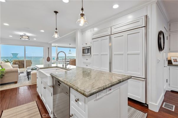 Interior, Kitchen, Living room, Pendant Lights, Recessed Lighting, Stainless Steel Appliances, Water, Wood Texture Flooring