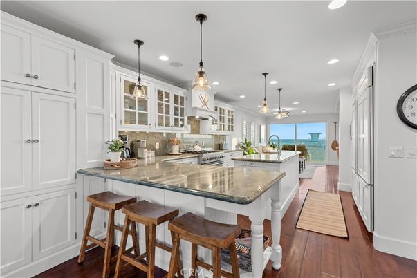 Interior, Kitchen, Pendant Lights, Recessed Lighting, Stainless Steel Appliances, Water, Wood Texture Flooring