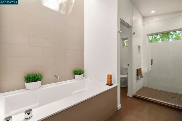 Bathroom, Glass Shower, Interior, Recessed Lighting, Wood Texture Flooring