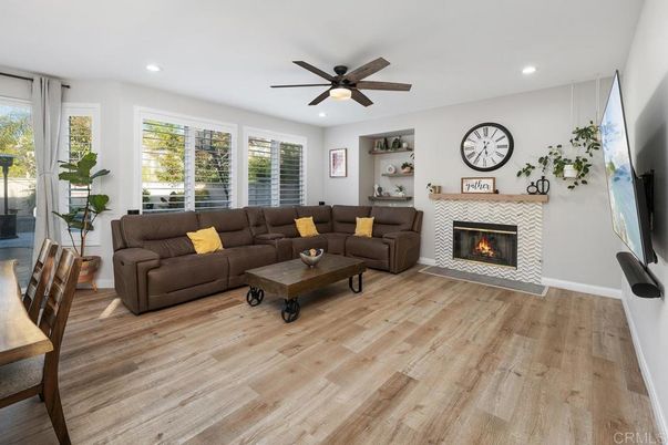 Fireplace, Interior, Living room, Recessed Lighting, Wood Texture Flooring
