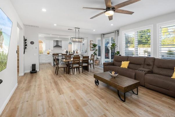 Chandelier, Dining room, Interior, Kitchen, Living room, Pendant Lights, Recessed Lighting, Wood Texture Flooring