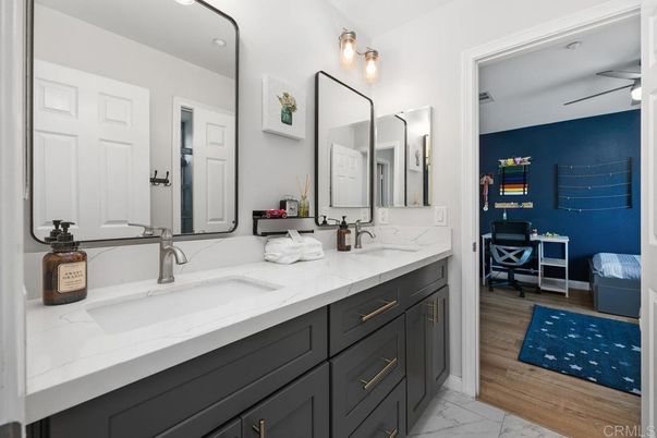 Bathroom, Dual Sink Vanities, Interior, Marble, Wood Texture Flooring