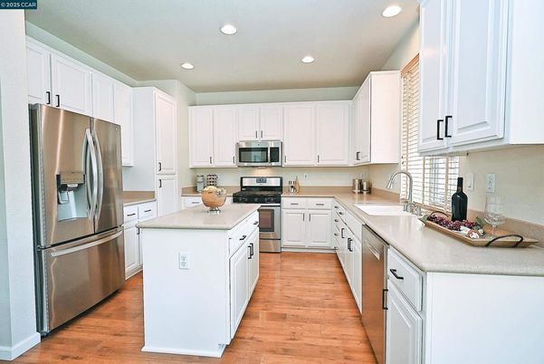 Interior, Kitchen, Recessed Lighting, Stainless Steel Appliances, Wood Texture Flooring
