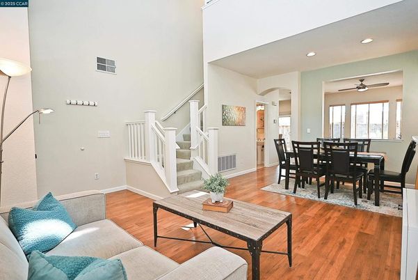 Dining room, Interior, Living room, Recessed Lighting, Wood Texture Flooring