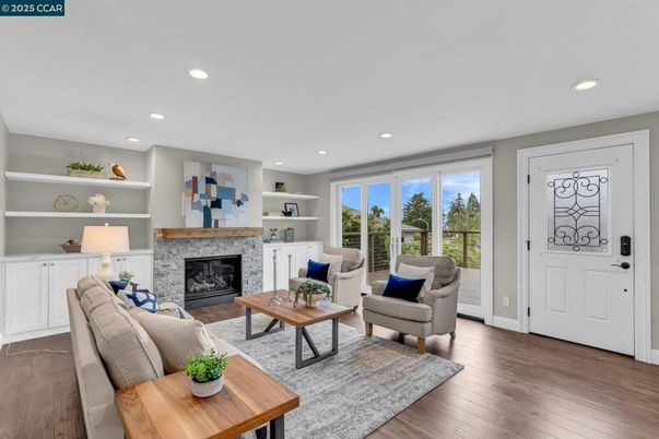 Fireplace, Interior, Living room, Recessed Lighting, Wood Texture Flooring