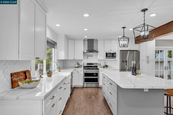 Interior, Kitchen, Pendant Lights, Recessed Lighting, Stainless Steel Appliances, Wood Texture Flooring