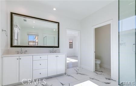 Bathroom, Dual Sink Vanities, Interior, Marble, Recessed Lighting