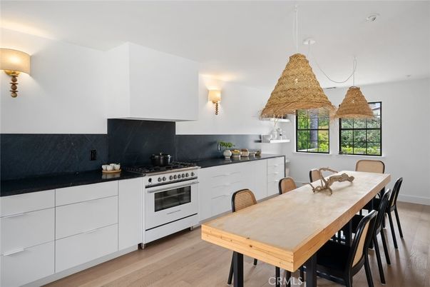 Dining room, Interior, Kitchen, Pendant Lights, Stainless Steel Appliances, Wood Texture Flooring