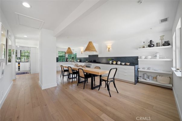 Dining room, Interior, Pendant Lights, Recessed Lighting, Wood Texture Flooring