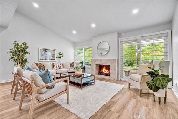 Fireplace, Interior, Living room, Recessed Lighting, Wood Texture Flooring
