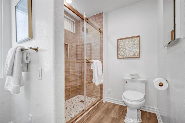 Bathroom, Glass Shower, Interior, Wood Texture Flooring