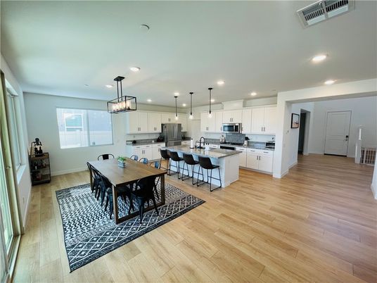 Dining room, Interior, Kitchen, Pendant Lights, Recessed Lighting, Wood Texture Flooring