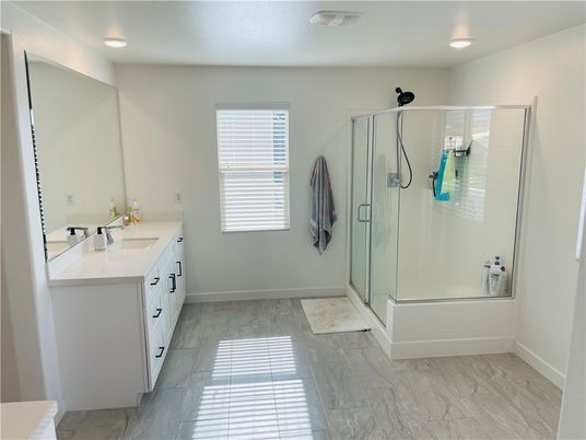 Bathroom, Dual Sink Vanities, Glass Shower, Interior, Marble, Recessed Lighting