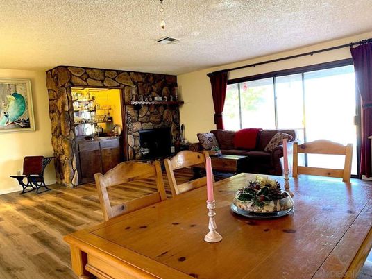 Dining room, Fireplace, Interior, Living room, Stone Walls, Wood Texture Flooring