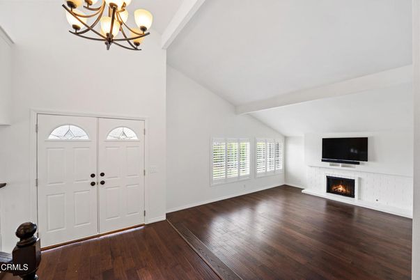 Chandelier, Empty room, Fireplace, Interior, Wood Texture Flooring
