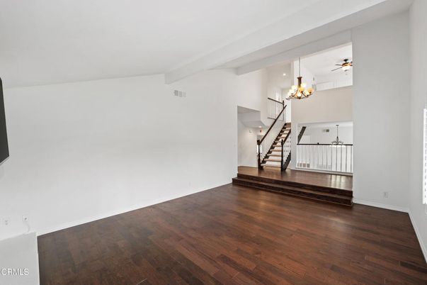 Chandelier, Empty room, Interior, Recessed Lighting, Wood Texture Flooring
