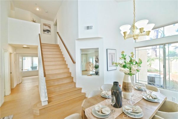 Dining room, Interior, Pendant Lights, Recessed Lighting, Wood Texture Flooring