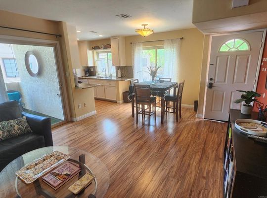 Dining room, Interior, Kitchen, Living room, Recessed Lighting, Wood Texture Flooring