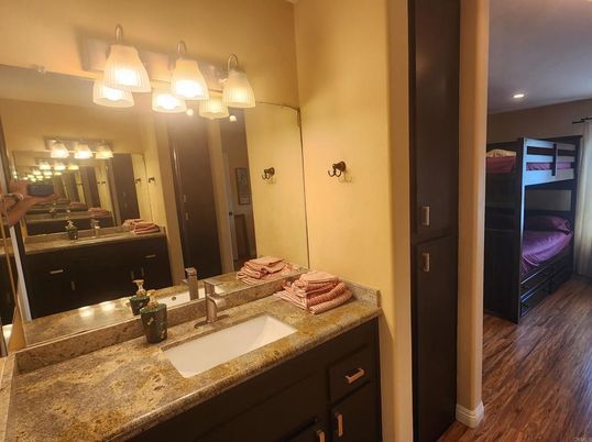 Bathroom, Dual Sink Vanities, Interior, Recessed Lighting, Wood Texture Flooring