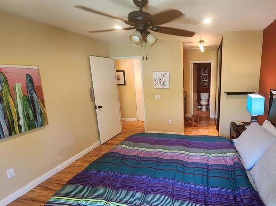 Bedroom, Interior, Recessed Lighting, Wood Texture Flooring