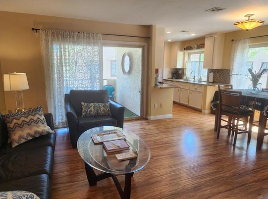 Dining room, Interior, Kitchen, Living room, Recessed Lighting, Wood Texture Flooring