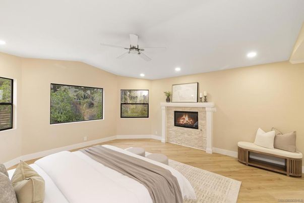 Bedroom, Fireplace, Interior, Recessed Lighting, Wood Texture Flooring