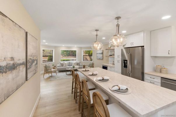 Dining room, Interior, Kitchen, Living room, Pendant Lights, Recessed Lighting, Stainless Steel Appliances, Wood Texture Flooring